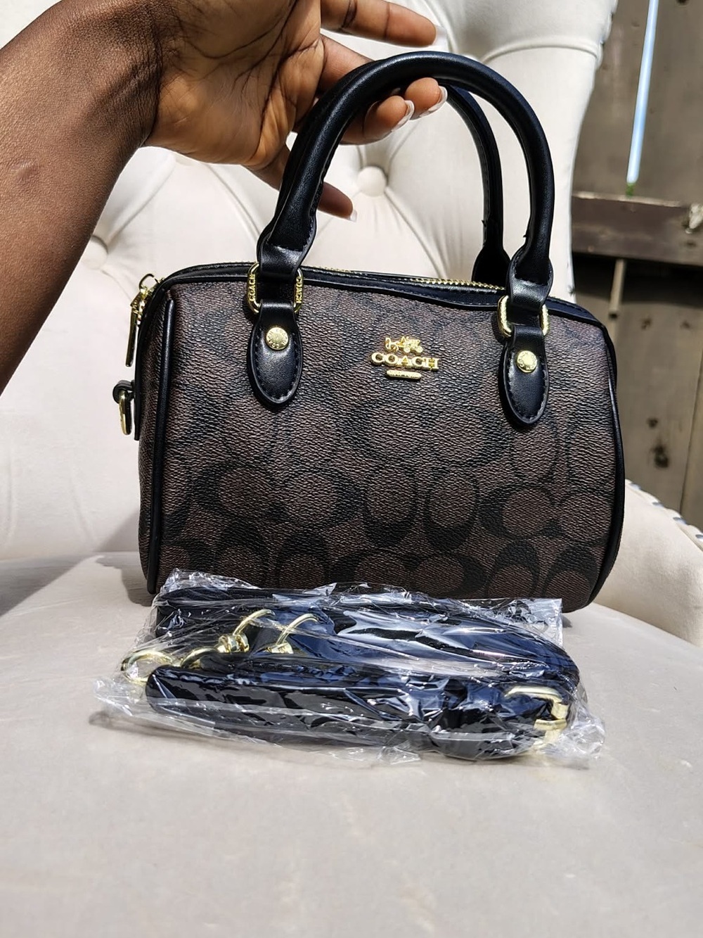 Coach Brown & Black Mini Satchel with Gold Hardware